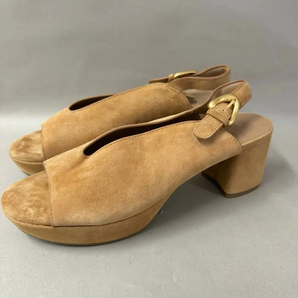 Aerosoles Cornelia Tan Suede Leather Peep Toe Slingback Platform Sandal Size 9.5